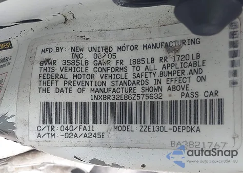 2006 Toyota Corolla Ce из США, поврежденный, VIN 1NXBR32E86Z575632